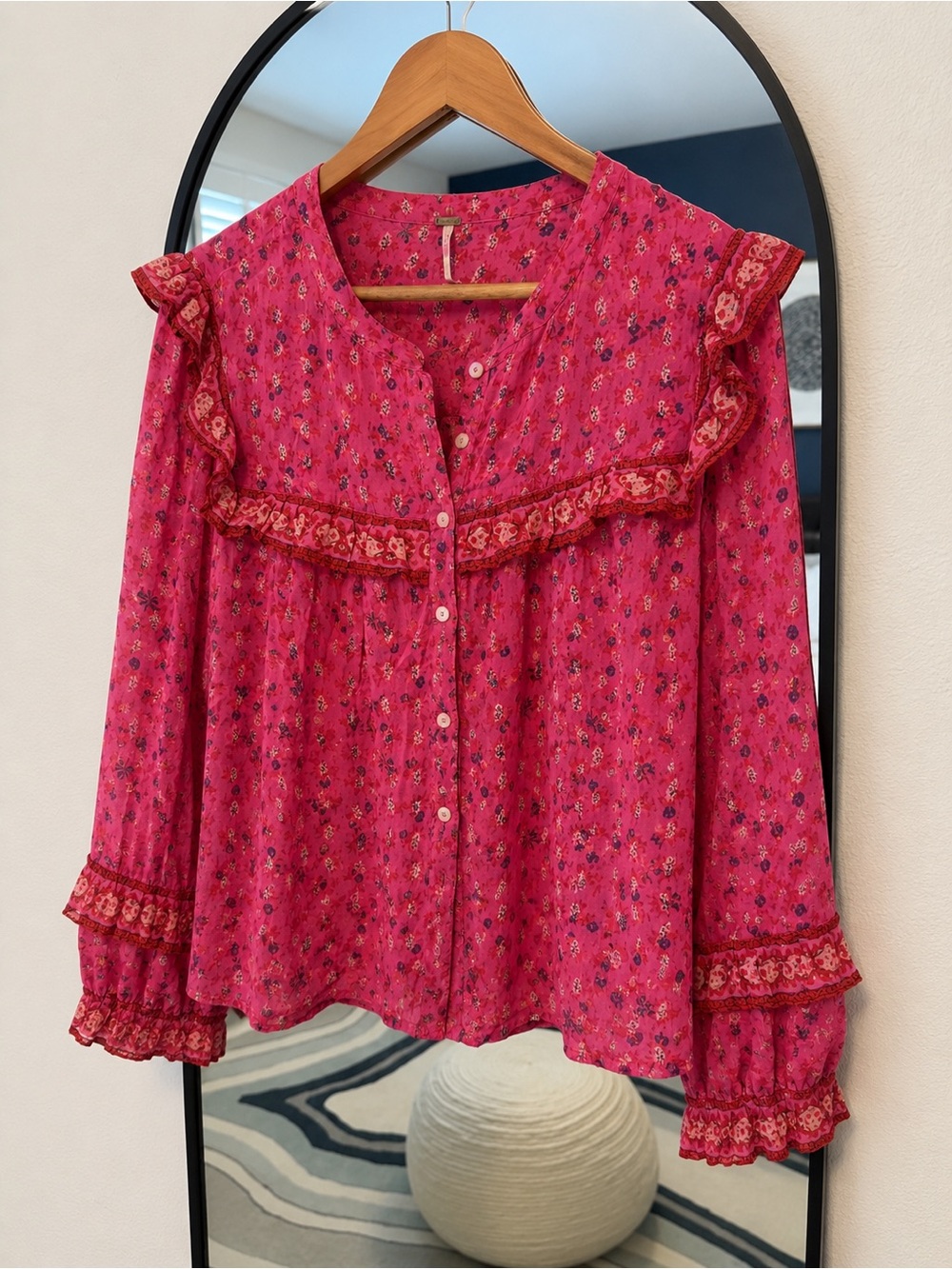 Free People Floral Raspberry Pink Ruffle-Trim Button Blouse - Picture 2 of 4